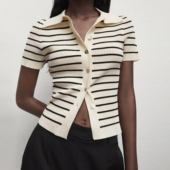 Apricot Casual Women's Lapel Striped Button Knitted Sweater - Picture 2 of 7